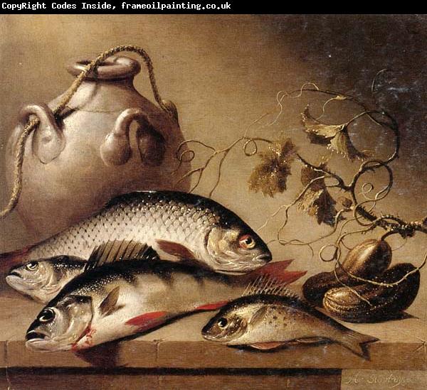 Harmen van Steenwyck Still life of freshwater fish,together with an earthenware pot and ghrkins,upon a stone ledge